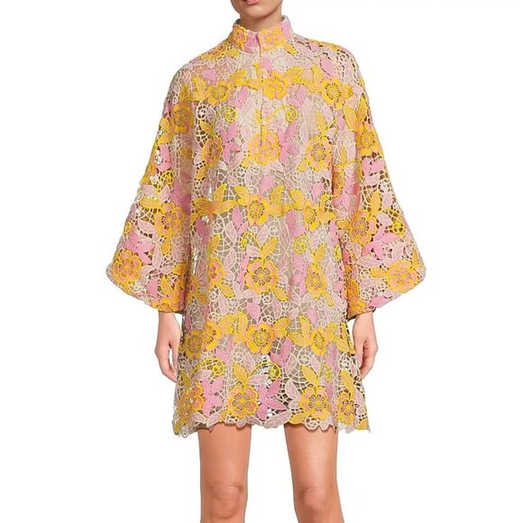 LaVie Style House Pink Yellow Floral Embroidered Lace Mini Caftan/Dress, o/s - Picture 2 of 12